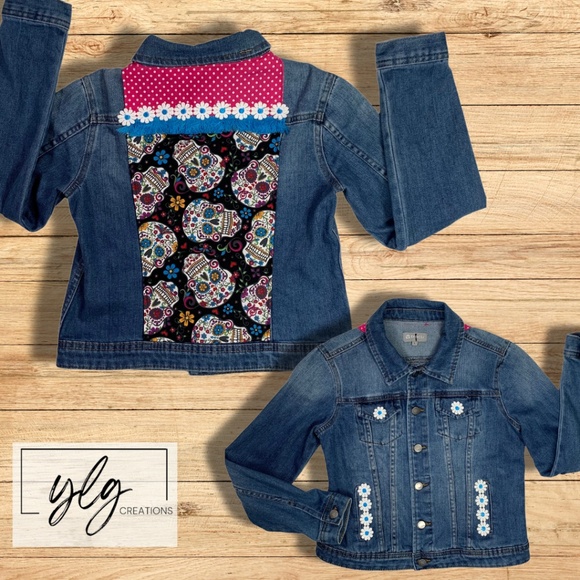Tractor Denim Jacket Sugar Skull Jean Pink Black Day Dead Trucker Girls Large - Picture 1 of 11